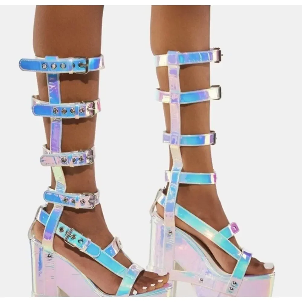 Y.R.U. Nightcall Hi Atlantis Holographic Platform Heels •8• Cage Gladiator YRU